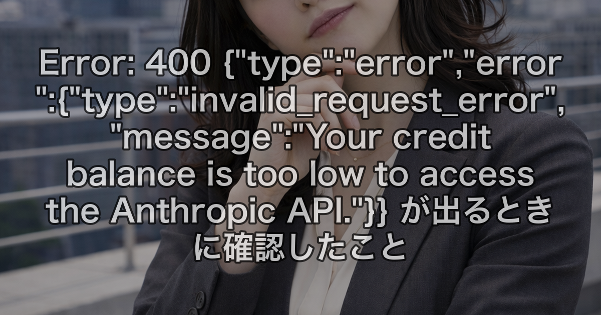 Error: 400 {"type":"error","error":{"type":"invalid_request_error","message":"Your credit balance is too low to access the Anthropic API."}} が出るときに確認したこと